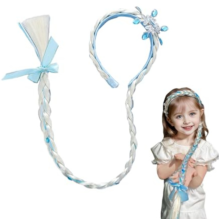 HUATEEN Haarreif Prinzessin Zopf,Stirnband mit Blauem Pferdeschwanz und Schneeflocken-Tiara Perücke Prinzessin Perücke Zopf für Kinder mit Künstlichen für Märchen Karneval Mottoparty (Blau)