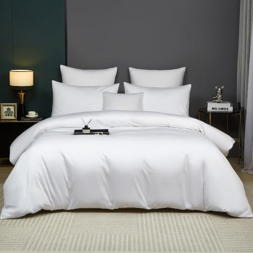 Luowei Mako Satin Bettwäsche 200x200 cm Baumwolle, 3‑teilig, Weiß | 100% Baumwolle Seidig Weich Bettwäsche Set, Oeko-TEX Atmungsaktiv und Kühlend mit Reißverschluss und 2 Kissenbezüge 80x80