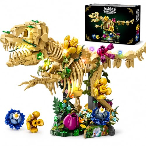 CUBIMANA Dinosaurier-Fossilien-Blumen-Bauset mit LED Licht für Erwachsene | 1185 Stück, Wohn- und Bürodekoration, Geschenk für Erwachsene, Jugendliche und Sammler ab 12 Jahren