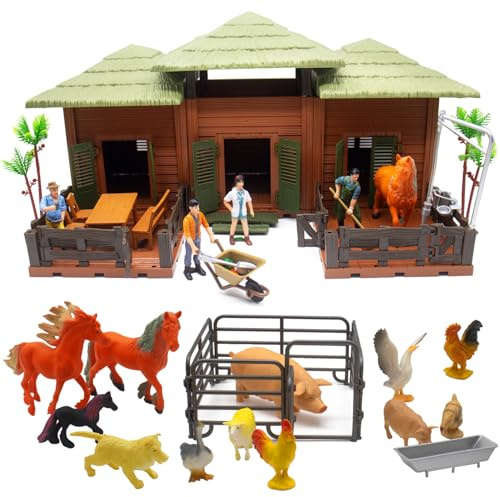 Bonikita Farm Animals Playset, 83PCS DIY Farm House Horse Ranch Toy, Full Scene with Farmers, Horses, Pigs, Wheelbarrow, Fence & Cleaning Kit, Educational Role Play Toy for Toddlers Boys Girls 3+