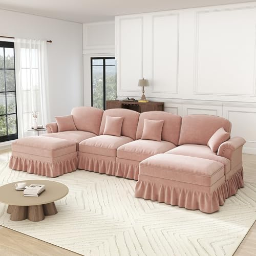 A ALFRESCOOL Wohnlandschaft U Form, Modulares 4 Sitzer Sofa, mit 2 Ottomane, Trichter-Armlehnen, Abnehmbarer Rüschenschürze & Beweglichem Hocker, Chennille-Stoff, 350×140×93cm (Rosa)