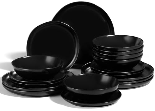 Joyfair 18 Pieces Stoneware Dinner Set Service for 6, Matte Black | Reactive Glaze & Irregular Shape, Chip & Scratch Resistant, Plates & Bowls Dinnerware Set, Oven & Microwave & Dishwasher Safe
