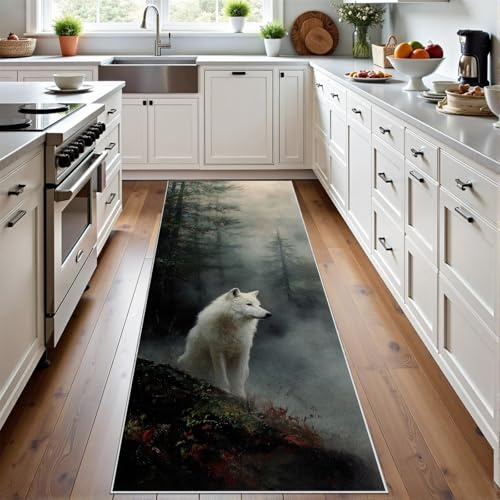 Meugesoi Wolf Teppich Läufer Flur 60x120 cmWildlife Teppichläufer Natur Wald Küchenläufer Küche Teppiche rutschfest Waschbar Bettvorleger für Flur Waschküche