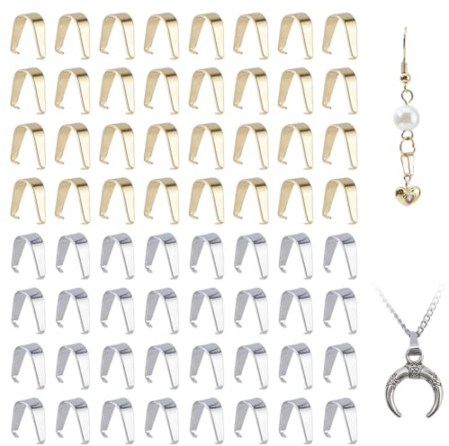 DICOSMETIC 100Pcs 2 Colors Stainless Steel Pinch Bails Necklace Pendant Clasp Pendants Bail Clasps Pendant Connector Clasp Clips for DIY Bracelet Necklace Jewelry Making, 7x6~6.5x3mm