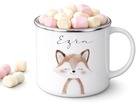 Personalisierte Kinder Emaille Tasse mit Namen – Niedliche Tiermotive Kindertasse – Geschenk zur Geburt, Taufe, Geburtstag, Einschulung (Fuchs)