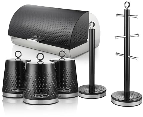 Swan Elegance Kitchen Storage Bundle with 14L Bread bin, Set of 3 Canisters, Towel Pole and Mug Tree, Black, EEJB444