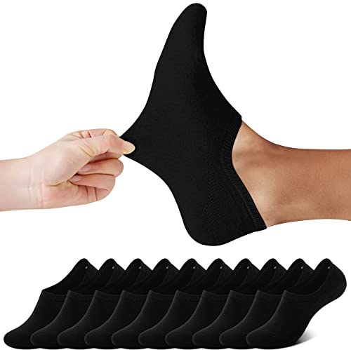 FALARY Sneaker Socken Damen Füßlinge Damen Herren Footies Unsichtbare Kurze 10 Paar Sneaker Socken Großes Silikonpad Verhindert Verrutschen_Schwarz_35-38