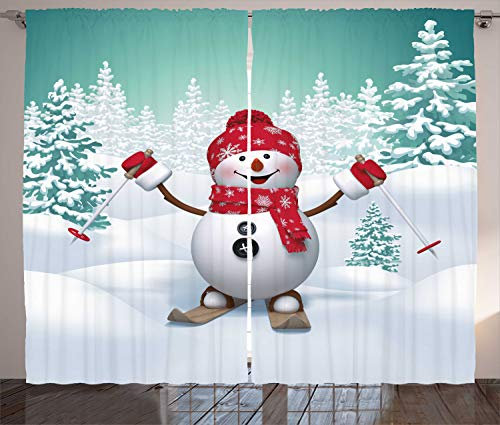 ABAKUHAUS Weihnachten Rustikaler Gardine, Skifahren Schneemann Bäume, Schlafzimmer Kräuselband Vorhang mit Schlaufen und Haken, 280 x 245 cm, Blaugrün rot weiß
