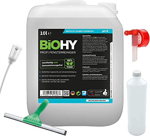 BiOHY Profi Fensterreiniger-Set 10 Liter Kanister + Zubehör | Profi Fensterreiniger | Auslaufhahn | Dosierer | Mischbehälter | Abzieher | Ökologisches Reinigungsmittel für nachhaltiges Reinigen