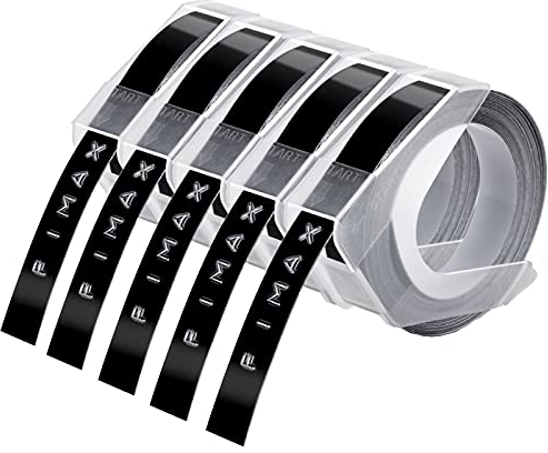 Fimax 5x Prägegerät Etiketten kompatible mit Dymo Prägeband 9mm Schwarz, für Dymo Omega Junior Prägegerät,kompatible mit Selbstklebendes 3D Omega Etikettenband, Kunststoff-Prägeetiketten
