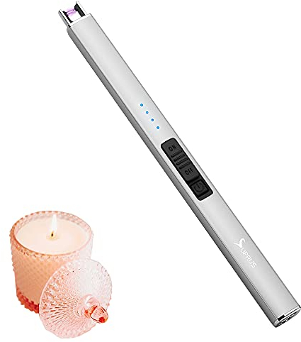SUPRUS Elektrisches Feuerzeug Lichtbogen Winddicht Flammenlos USB Wiederaufladbares Feuerzeug mit Sicherheitsschloss für Kerze BBQ Camping (Silber-)
