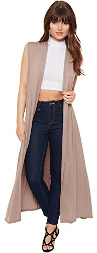 WearAll Women's Sleeveless Maxi Long Length Boyfriend Cardigan Collar Long Floaty Duster Jacket Coat Blazer Waistcoat - Mocha - 16-18