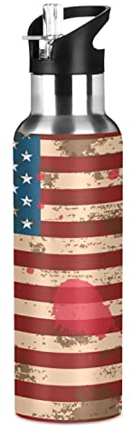 Mnsruu Drapeau Américain Art USA Isotherme Bouteille d'eau avec Paille, Gourde Sport en Acier Inoxydable 600ML Gourdes sans BPA pour Enfant Garçon Fille École Bureau
