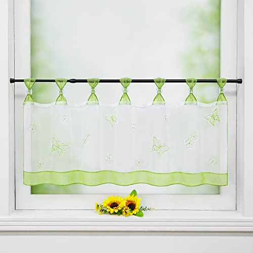Delien Scheibengardine Voile Bistrogardinen mit Schlaufen Küchen Kurzstore Stickerei »Schmetterling« Transparente Durchstangenzug Stores Gardine Kurzvorhang BxH 90x30cm,Grün