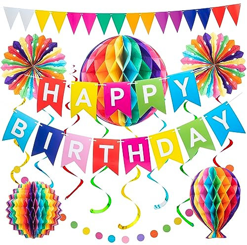 Birthday Party Decorations GENERISE Premium Happy Birthday Decorations Set - Honeycomb Rainbow - Includes Streamers, Fans, Bunting & More!