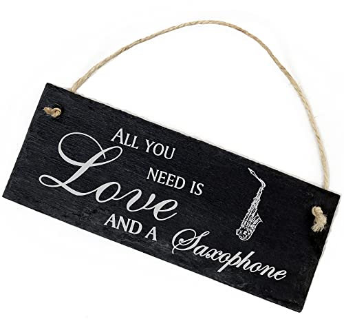 Schiefertafel Deko Saxophon Schild 22 x 8 cm - All you need is Love and a Saxophone - Wanddeko Dekoration Türschild
