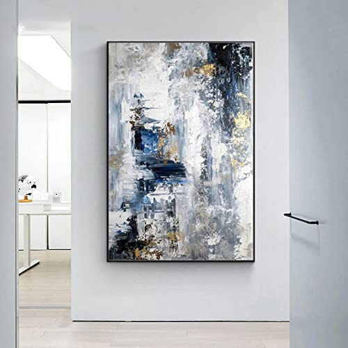 ZHMANLUCK Abstrakte gerahmte Wandkunst blau weiß grau Ölgemälde auf Leinwand moderne Drucke Poster Bilder für Wohnzimmer Wohnkultur 85 x 125 cm (33 x 49 Zoll) mit Rahmen