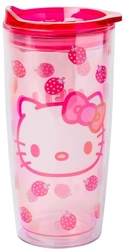 Silver Buffalo Sanrio Hello Kitty Strawberry Double Wall Travel Tumbler with Slide Close Lid, 20 Ounces