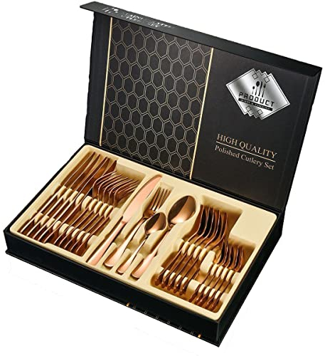 Besteck Set Edelstahl für 6 Personen 24-teiliges Besteckset hochglanzpoliert Spülmaschinenfest Gift Box (Roségold)