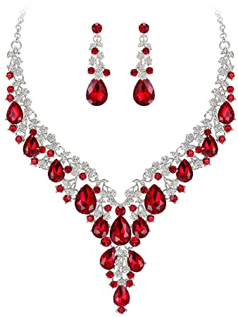 Clearine Hochzeit Schmuck-Set Tropfen Strass Cluster Statement Halskette und Ohrhänger-Set Kostümschmuck für Damen Rubin-Rot Silber-Tone