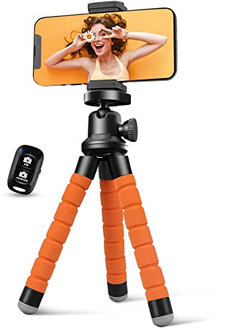 Aureday Handy-Stativ, flexibles Stativ für iPhone und Android-Handy, tragbares kleines Stativ mit kabelloser Fernbedienung und Clip für Videoaufnahme/Vlogging/Selfie (Orange)
