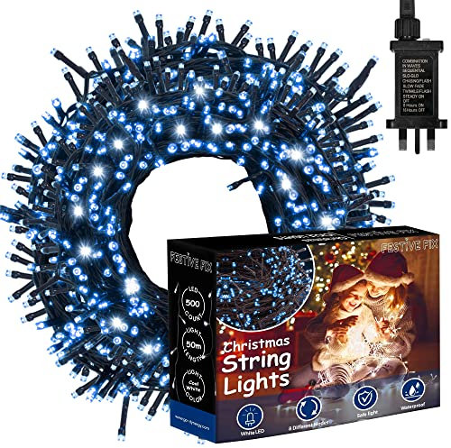 Festive Fix Christmas Tree Lights - 50m, 500 LED Waterproof Light for Indoor & Outdoor Xmas Decoration, Energy-Saving Mains Powered String Lights with Timer & 8 Modes
