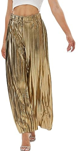 Fakanhui Palazzo Damen Hose Metallic Weites Bein Gold Silber Casual Kleid Abendparty Clubwear Hose, golden, M