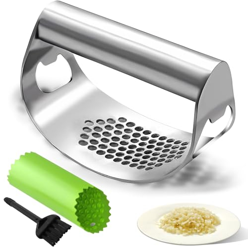 Kebley Garlic Press Rocker Set Bottle Opener Heavy Duty Stainless Steel Garlic Mincer Crusher Professional Kitchen Gadgets Garlic Chopper Silicone Peeler And Cleaning Brush, SB222