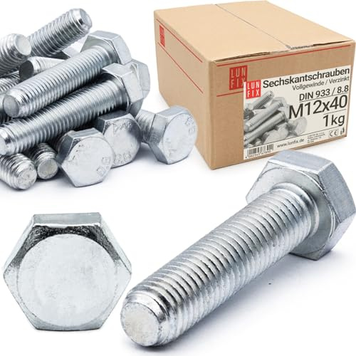 Boulons hexagonaux M12x40 DIN 933 acier galvanisé 8.8, filetage complet, vis hexagonales, visserie boulonnerie pour assemblage métal, construction, bricolage, 1 kg (env. 22 pcs)