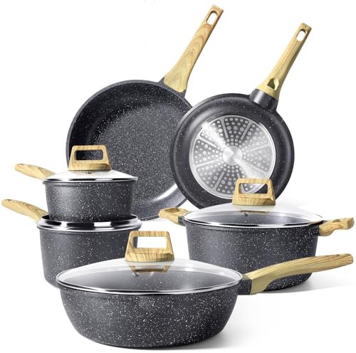 GiPP Nonstick Pots and Pans Set,10Pcs Induction Cookware Sets,Non Stick Ceramic Cooking Set with Frying Pans,Saucepans,Suitable for All Stoves (Grey, 10PCS)