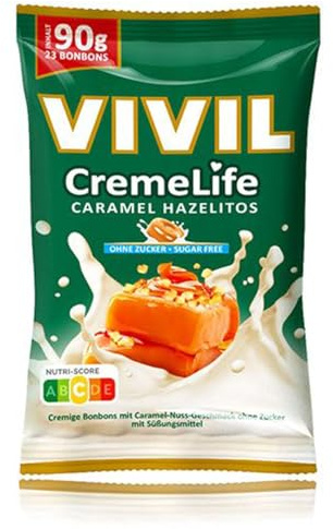 VIVIL Creme Life Caramel Hazelitos, zuckerfreie Sahnebonbons, 1 x 90 g | Cremiger Genuss mit echter Schlagsahne, Praktisch für Handtasche und unterwegs