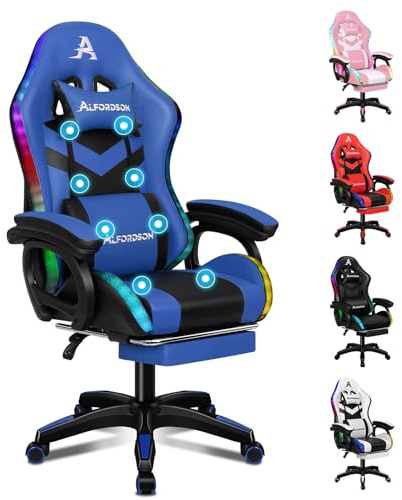 ALFORDSON Gaming Stuhl, Racing Gamer Stuhl mit LED RGB Beleuchtung, Massaging Computersessel mit Fußstütze, Ergonomischer Drehstuhl mit hebelbetätigter Rückenlehne, Blau