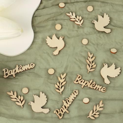 60PCS Baptême Confettis en Bois Forme Pigeon Sauge Accessoire de Fête Baptême Communion Décoration de Table Festive