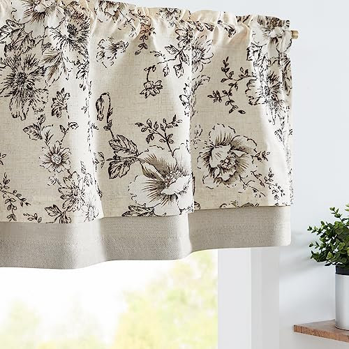 TOPICK Floral Kitchen Curtains Short Cafe Curtains Blackout Double Layer Curtain Valance for Sink Living Room Cabinet Small Window Rod pocket 1 Panel Black on Beige 18 Inch Drop
