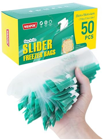 WRAPOK Zip Lock Freezer Bags Large Food Bag Plastic Ziplock Storage Reusable Bag for Kitchen, 7.9 x 7.1 Inch - 50 Count