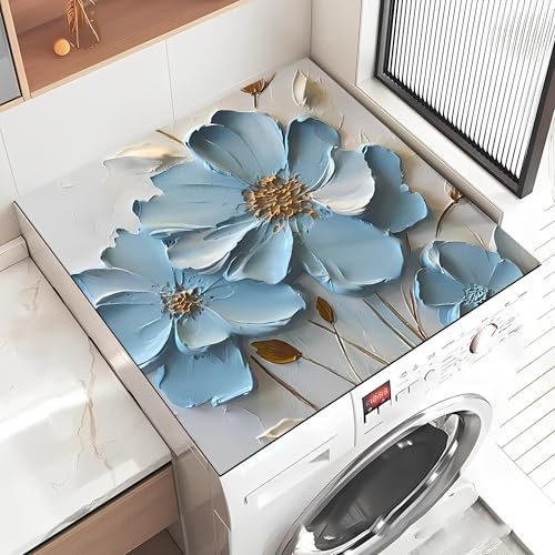 Treer Tappetino per Lavatrice Antiscivolo Assorbente, Copertura per Lavatrice Morbido Tappetino Protezione Superiore per Lavatrice, Asciugatrice e Frigorifero (50x60cm,Fiori Blu)