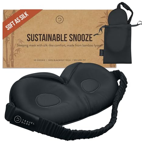 TRAVEL DUDE Schlafmaske 3D für Frauen & Herren aus Bambus Lyocell, verdunkelnde Sleep Mask zum Schlafen, Augenmaske kühlend für Reisen, Flugzeug, Seitenschläfer & Wimpernverlängerung (Schwarz)