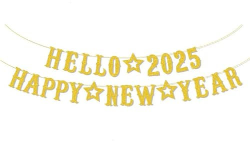 Silvester Deko 2025 Banner Gold,Silvesterdeko 2025,Frohes Neues Jahr Banner Set,Happy New Year Deko,Neujahrsdeko Girlanden für Frohes Neues Weihnachtsfeier Home Bar Outdoor Party Dekorationen