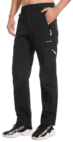 KUTOOK Pantalon Trekking Hombre Softshell Invierno Impermeable Térmico Forro Polar Cálido Pantalones de Esquí Goretex Trabajo Nieve Negro XL