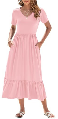 AUSELILY Vestito Estivo da Donna Abito Lungo a Maniche Corte Abito Lungo da Donna Abito Estivo da Spiaggia con Scollo a V e Vita Impero con Tasche Rosa M
