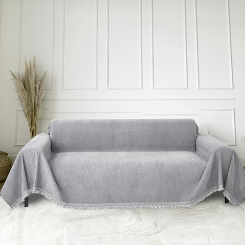FLRISNTIG Sofföverdrag, sofftäcke, soffilt med fransar, halkfri, multifunktionell filt för hem, vardagsrum, soffa, kontor (ljusgrå, 230 x 300 cm)