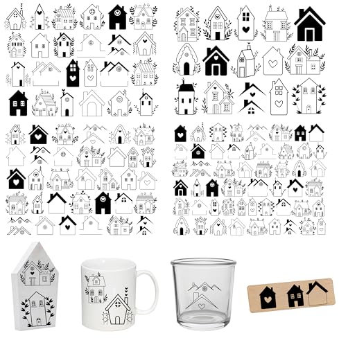 FloraVigo Rub On Sticker ca.A5 19x14cm-Spruch Deko zum Geburtstag, Keraflott, Hochzeit, Zuhause, Wischfolie für Möbel, Glas, Holz, Fotoalbum, DIY Deko, Aufkleberästhetik(4PCS) (Haus)