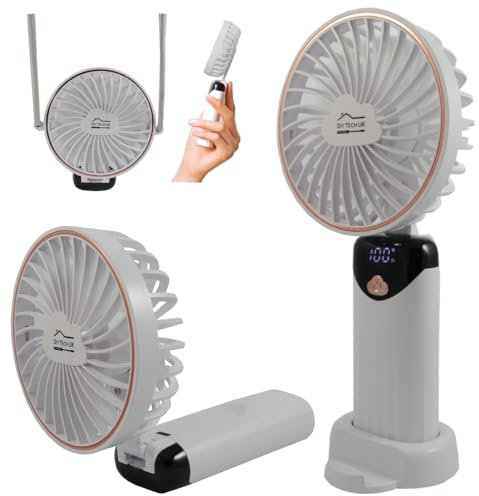 DIY TECH UK - CoolBlast Max - 4 in 1 Handheld Rechargeable Fan - 5 Speed with LED Display - Hand Held Folding Portable Fan - USB Battery Powered Mini Foldable Desktop Desk Home Office Bedroom White