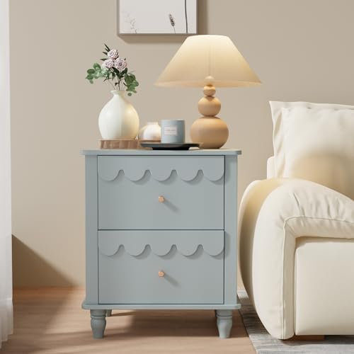 UEV Nachttisch 2er Set Boxspringbett Nachtschrank mit 2 Schubladen Nachtkommode Holz, Elegantes Design mit Wellenlinien Goldenen Griffen für Kinderzimmer Schlafzimmer Wohnzimmer 50x40x60cm Blau