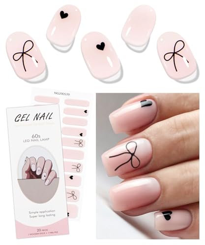 JMEOWIO Gel Nail Stickers Black Bow Heart Semi Cured Gel Nail Strips Wraps UV/LED Nails Art Design Decoration Accessories