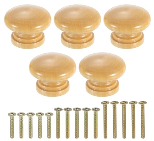 sourcing map Round Wood Drawer Knob 1.3 x 0.98 Wood Color 5Pcs | Round Cabinet Knobs,Mushroom Shape Paint Surface Wooden Knobs,with Screws,for Furniture Drawer Dresser Wardrobe Cupboard