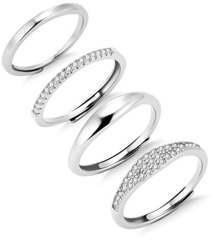 ALEXCRAFT Anillos de plata para mujer 4 piezas Ajustable Anillo de mujer Anillo de acero para mujer con circonita cúbica