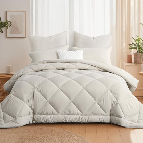 Aisbo Bettdecke Ohne Bezug 200x220 cm Ganzjahresdecke 300GSM - Beige Decke 200x220cm Jahreszeiten Bettdecke, Steppdecke 220x200 Weiche und Bequeme, Oberbett ohne Kissen