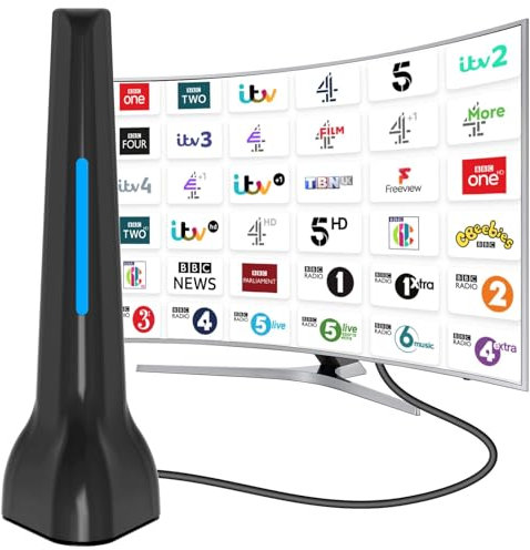 Freeview Digital Indoor Tv Aerial, Smart Tv Antenna Indoor, High Gain Portable Ariel for 4K Hdtv Usb Tv Tuner/Dvb-T Television/Dab Radio/Sd - With Magnetic Base, Black