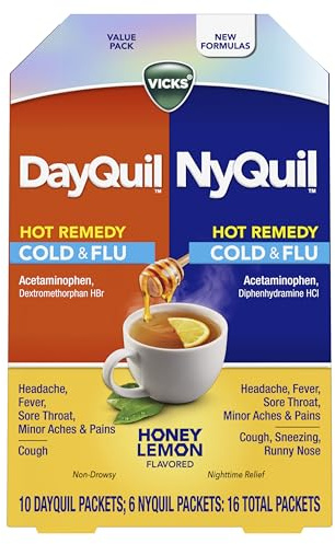 Vicks DayQuil & NyQuil Hot Remedy Cold & Flu Powder Mix, Over-The-Counter Medicine, Value Pack, Fast Relief for Headache, Fever, Sore Throat, Minor Aches and Pains, and Cough, 16 Packets